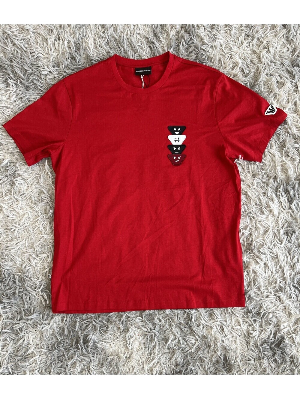 Emporio Armani Red T-Shirt with Smiley Face Patch Detail